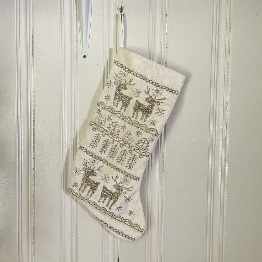 Christian Siriano New York Off White Luxury Beaded Reindeer Christmas Stocking
